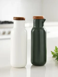 Azijn- en olie-dispenser Essentials van porselein en acaciahout, set van 2