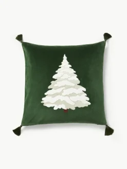 Fluwelen kussenhoes Amara met geborduurde kerstboom