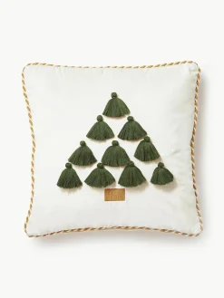 Fluwelen kussenhoes Skyler met kerstmotief en kwastjes