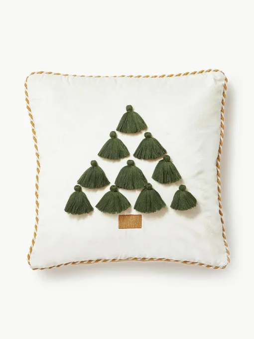 Fluwelen kussenhoes Skyler met kerstmotief en kwastjes