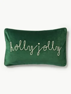Geborduurde fluwelen kussenhoes Holly Jolly met bies