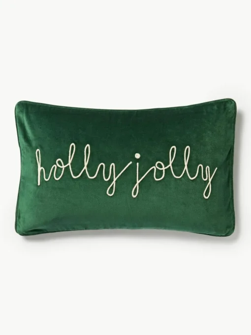 Geborduurde fluwelen kussenhoes Holly Jolly met bies