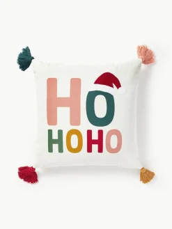 Geborduurde katoenen kussenhoes Nicholas met kerstmotief en kwastjes