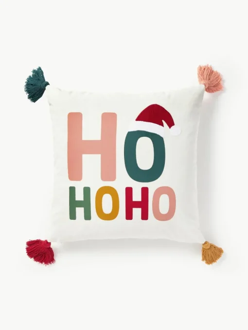 Geborduurde katoenen kussenhoes Nicholas met kerstmotief en kwastjes