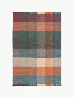 Geruit wollen vloerkleed Bliss met franjes