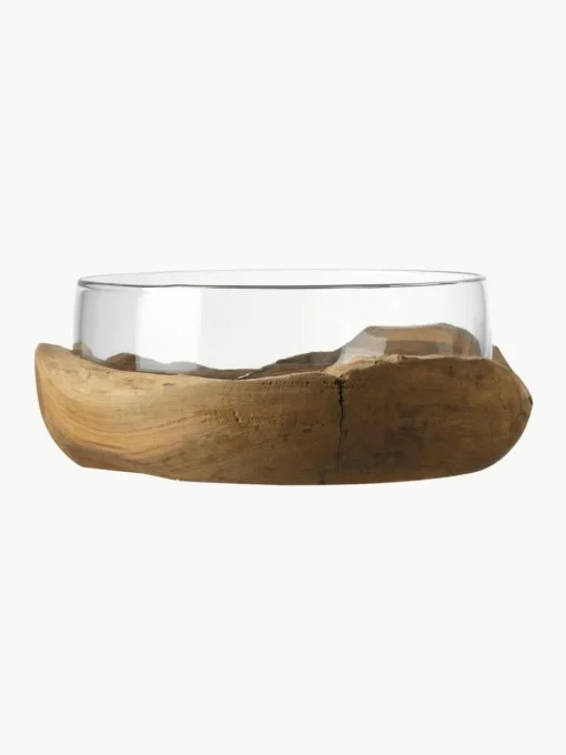 Grote, handgemaakte decoratieve schaal Terra met teakhouten basis Ø 28 cm