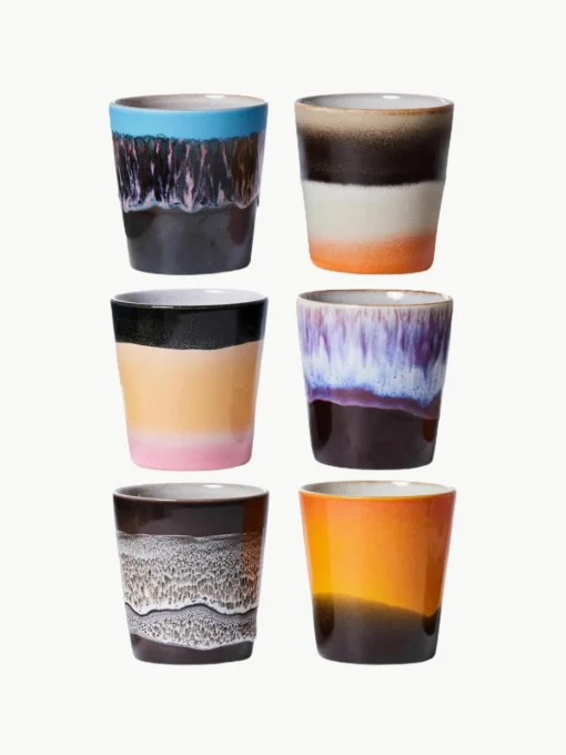 Handbeschilderde keramische bekers 70's met reactief glazuur, set van 6