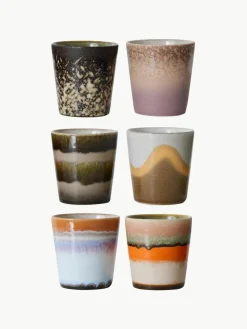 Handbeschilderde keramische bekers 70's met reactief glazuur, set van 6