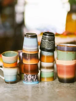 Handbeschilderde keramische espressokopjes 70's met reactief glazuur, set van 4