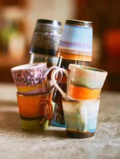 Handbeschilderde keramische espresso kopjes 70's met reactief glazuur, set van 4