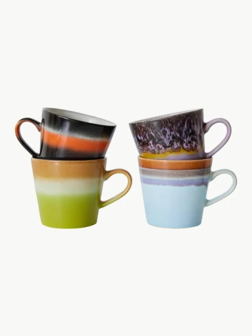 Handbeschilderde keramische mokken 70's met reactief glazuur, set van 4
