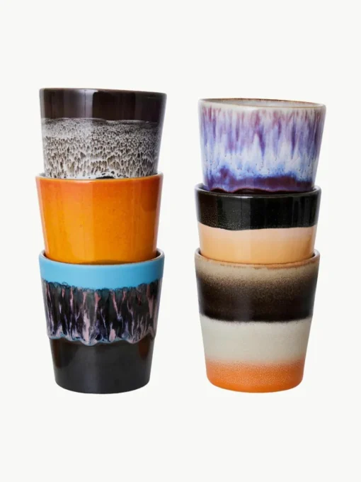 Handbeschilderde keramische bekers 70's met reactief glazuur, set van 6