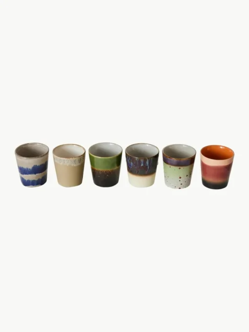Handbeschilderde keramische bekers 70's met reactief glazuur, set van 6