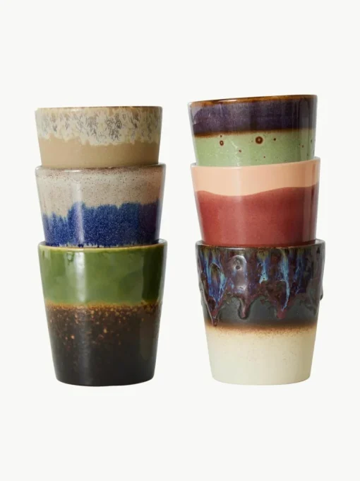 Handbeschilderde keramische bekers 70's met reactief glazuur, set van 6
