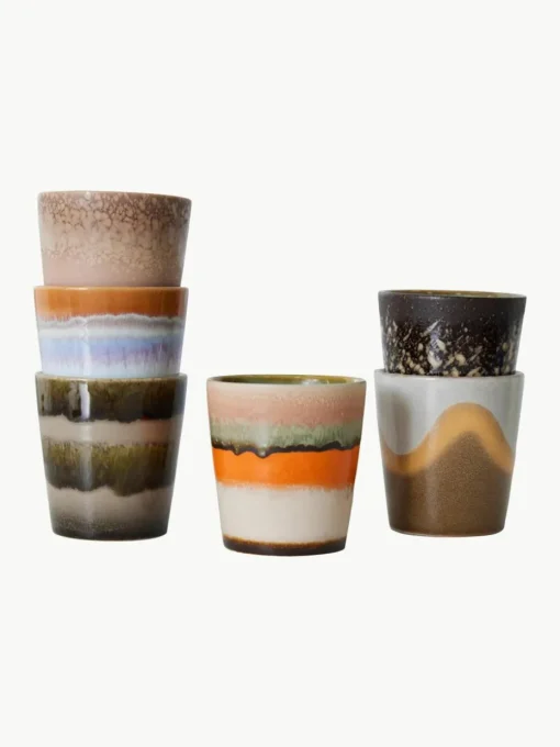Handbeschilderde keramische bekers 70's met reactief glazuur, set van 6