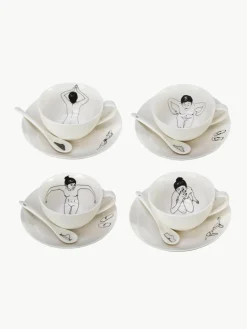 Handbeschilderde koffiekopjes Undressed met schoteltjes en lepels, set van 4