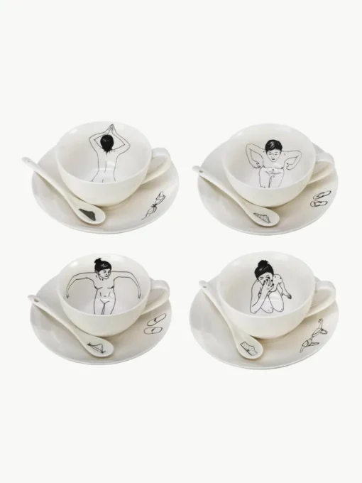 Handbeschilderde koffiekopjes Undressed met schoteltjes en lepels, set van 4