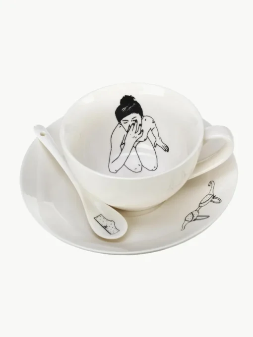 Handbeschilderde koffiekopjes Undressed met schoteltjes en lepels, set van 4