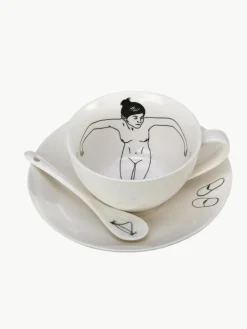 Handbeschilderde koffiekopjes Undressed met schoteltjes en lepels, set van 4