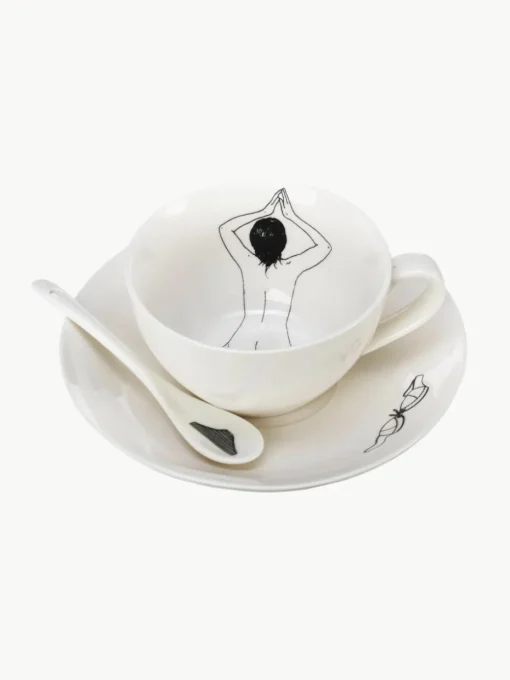 Handbeschilderde koffiekopjes Undressed met schoteltjes en lepels, set van 4