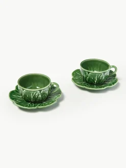 Handbeschilderde kopjes Cabbage met schoteltjes, 4 stuks