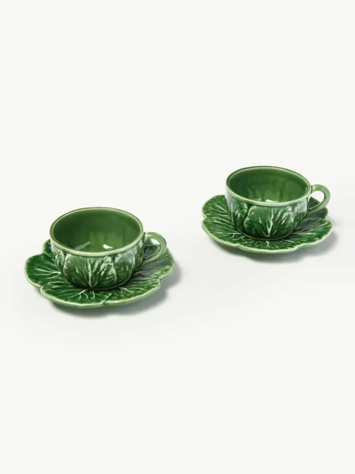 Handbeschilderde kopjes Cabbage met schoteltjes, 4 stuks