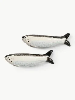 Handbeschilderde zout- & peperstrooier Sardine van dolomiet, 2-delig