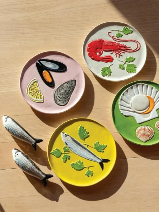 Handbeschilderde zout- & peperstrooier Sardine van dolomiet, 2-delig