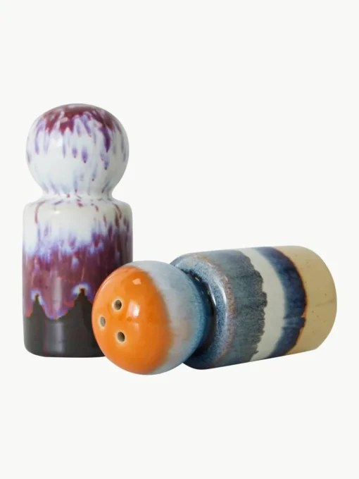 Handbeschilderde zout- en peperstrooier 70's met reactief glazuur, set van 2