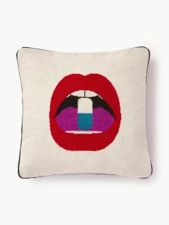 Handgemaakt wollen sierkussen Full Dose met lippenmotief