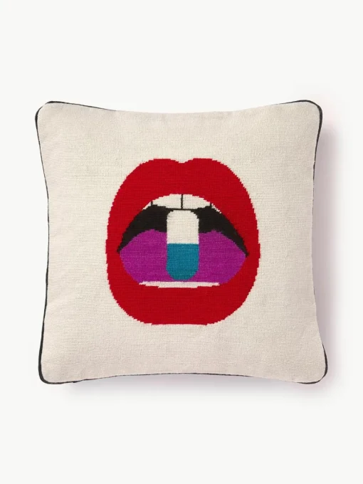 Handgemaakt wollen sierkussen Full Dose met lippenmotief