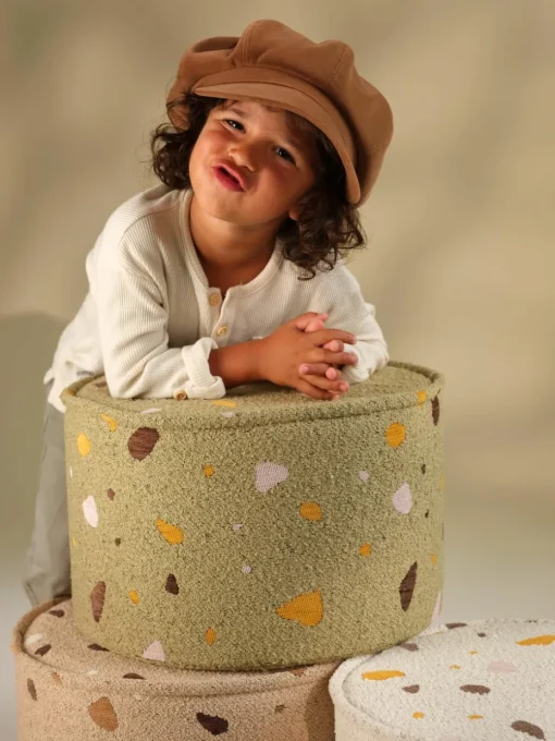 Handgemaakte kinderpoef Sugar van bouclé, Ø 40 cm
