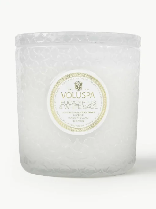 Handgemaakte 3-lonts geurkaars Maison Blanc (eucalyptus, kardemom, saliekleurig & hinoki-schors)