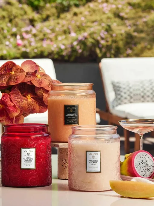 Handgemaakte 2-lonts geurkaars Japonica Collection (goji bes, mango & tarocco sinaasappel)