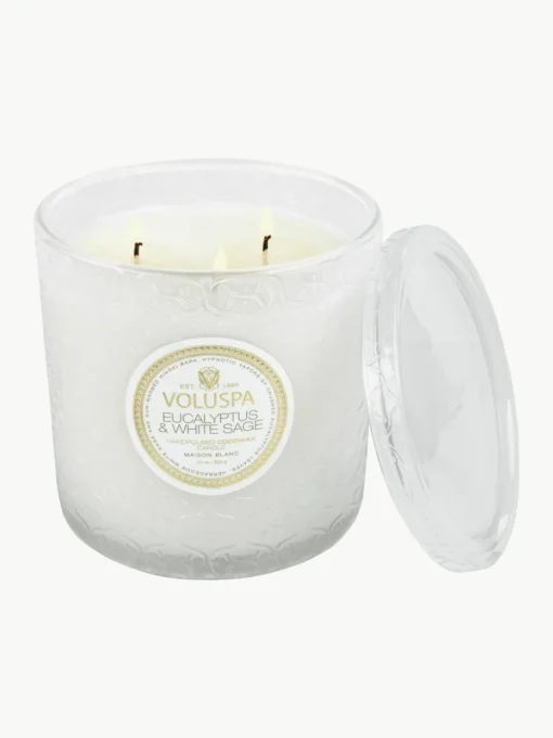 Handgemaakte 3-lonts geurkaars Maison Blanc (eucalyptus, kardemom, saliekleurig & hinoki-schors)