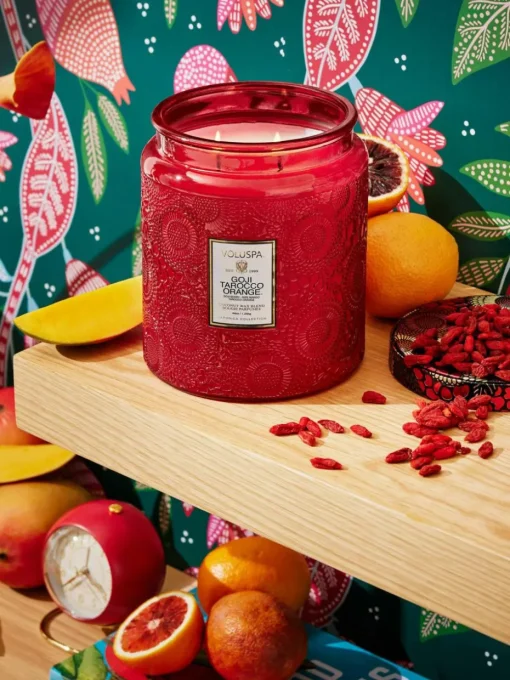 Handgemaakte 2-lonts geurkaars Japonica Collection (goji bes, mango & tarocco sinaasappel)