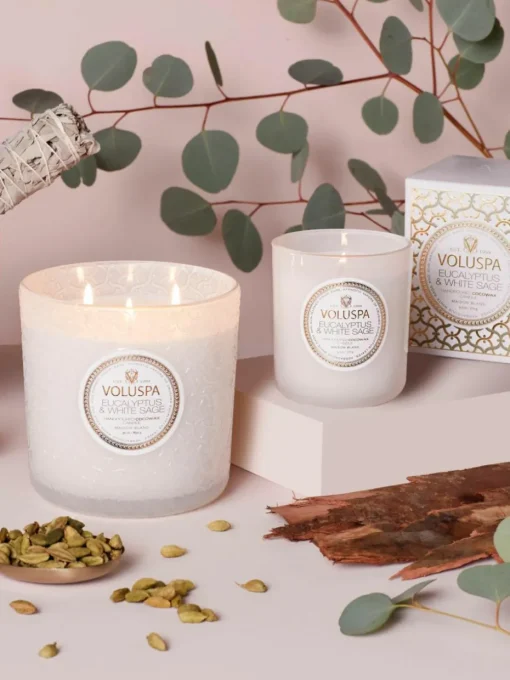 Handgemaakte 3-lonts geurkaars Maison Blanc (eucalyptus, kardemom, saliekleurig & hinoki-schors)