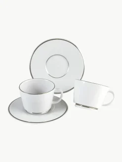 Handgemaakte porseleinen espressokopjes Vitruv met schoteltjes en handbeschilderde platina rand, 2 stuks