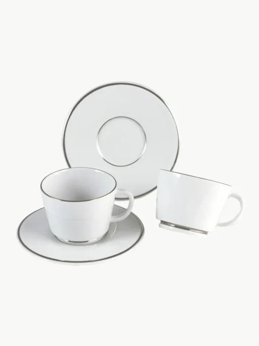 Handgemaakte porseleinen espressokopjes Vitruv met schoteltjes en handbeschilderde platina rand, 2 stuks