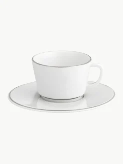 Handgemaakte XS porseleinen koffiekopjes Vitruv met schoteltjes en handbeschilderde platina rand, 2 stuks