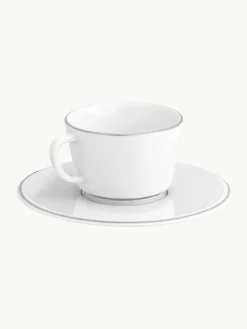 Handgemaakte XS porseleinen koffiekopjes Vitruv met schoteltjes en handbeschilderde platina rand, 2 stuks