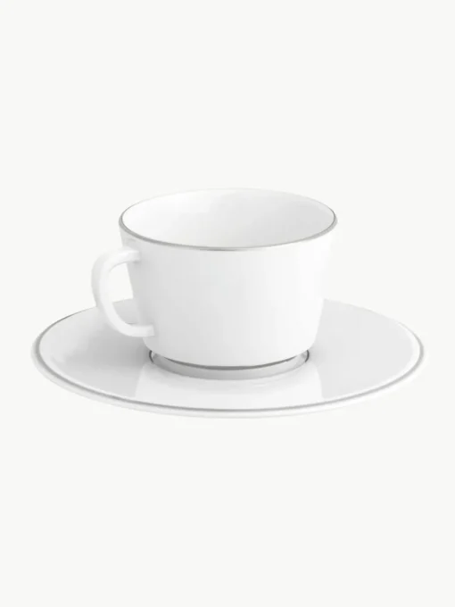 Handgemaakte XS porseleinen koffiekopjes Vitruv met schoteltjes en handbeschilderde platina rand, 2 stuks