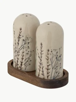 Handgemaakte zout- en peperstrooier Bea met grasmotief en houten plankje, set van 3