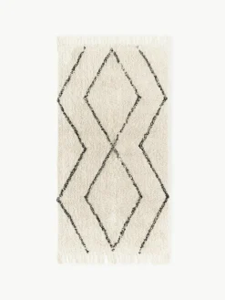 Handgetuft katoenen vloerkleed Bina met ruitjesmotief en franjes