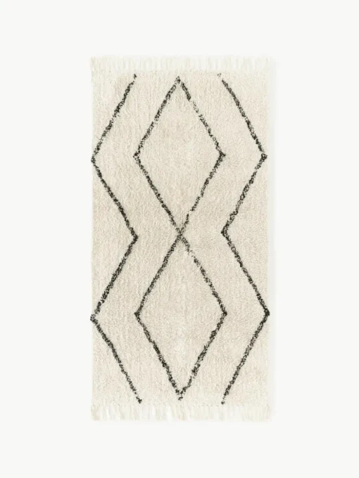 Handgetuft katoenen vloerkleed Bina met ruitjesmotief en franjes