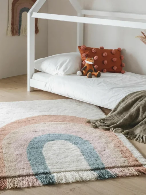 Handgetuft kindervloerkleed Rainbow van wol met franjes