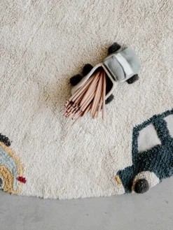 Handgetuft rond kindervloerkleed Wheels met hoog-laag effect, wasbaar