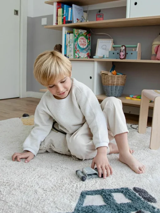 Handgetuft rond kindervloerkleed Wheels met hoog-laag effect, wasbaar