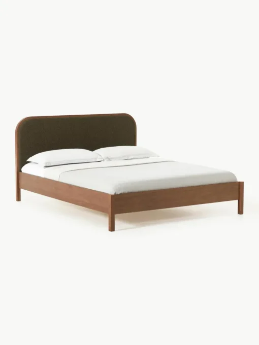 Houten bed Jones met hoofdeinde van bouclé