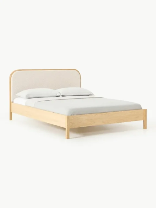 Houten bed Jones met hoofdeinde van bouclé